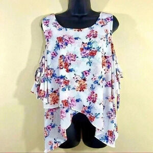 True Light Cold Shoulder Floral Ruffle Tank Blouse